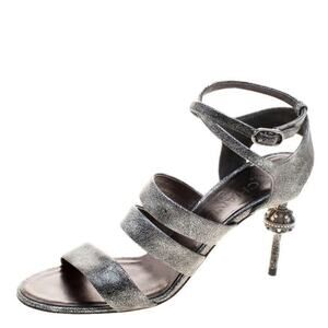 Chanel Metallic Silver Leather Fan Goa Ankle Strap Sandals - Size 36